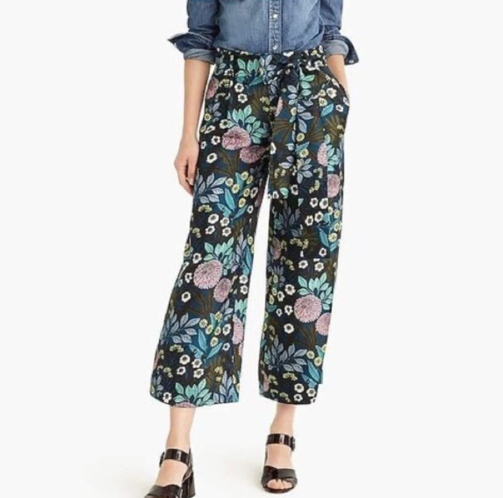 J.Crew Abigail Borg Floral Silk Wide-Leg Pant Blue Green J4366 Tie Waist Crop 2